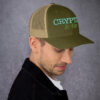 Crytpid & Kin - Embroidered OG Logo on Moss Green & Khaki Retro Trucker Hat - Side View