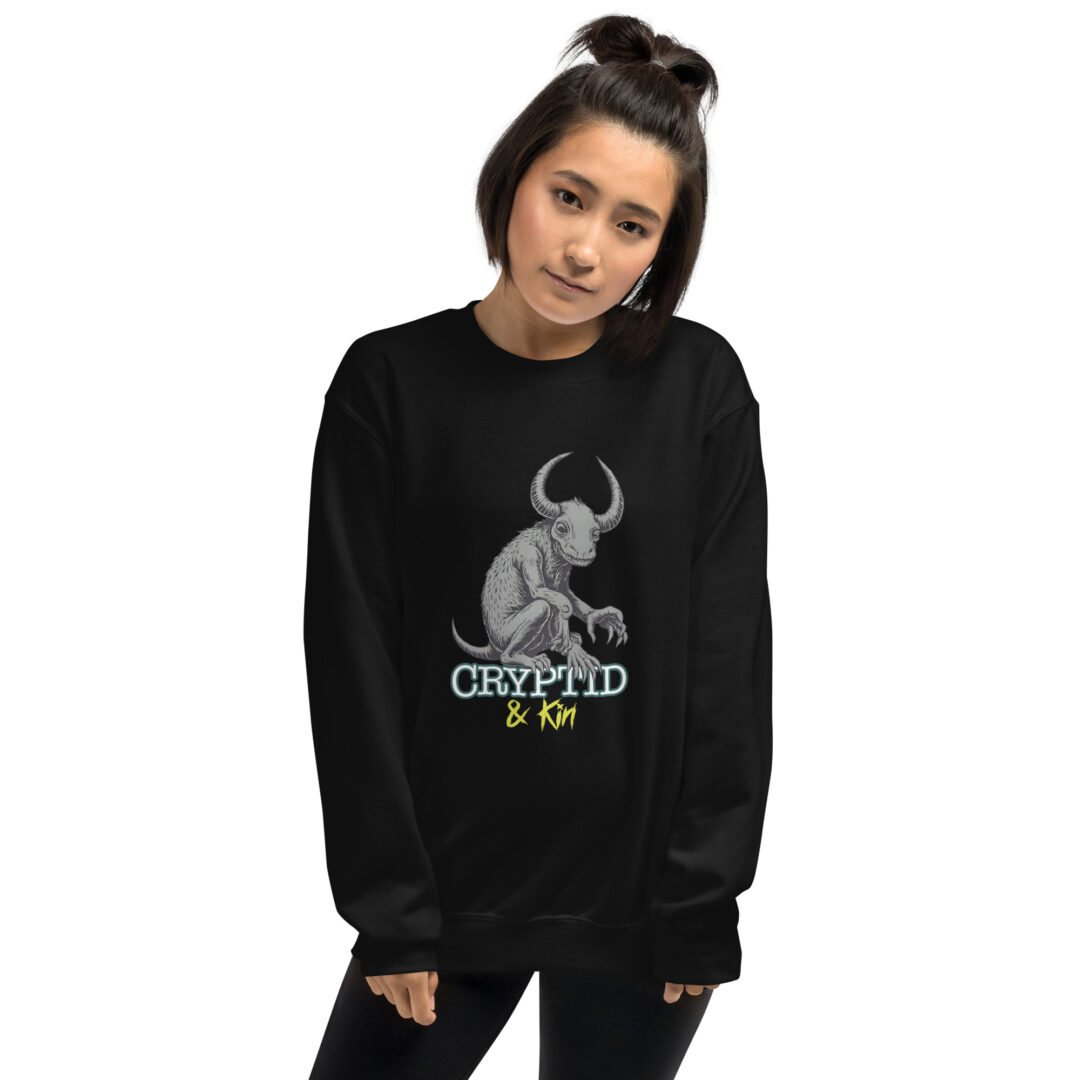 Baby Wendigo - Soft Black Crew Neck Sweater - Cryptid & Kin - neurodivergent apparel featuring mythical creatures