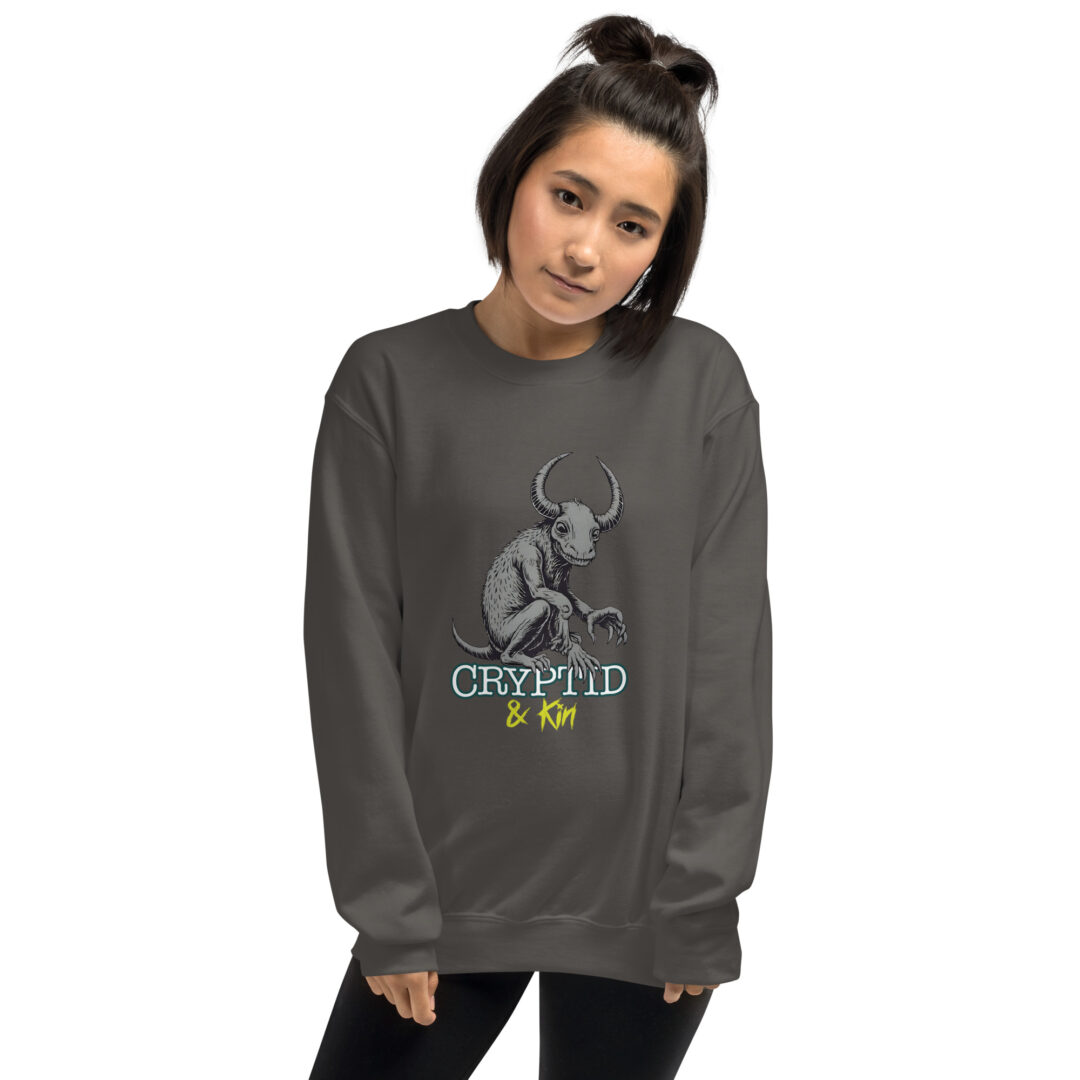 Baby Wendigo - Soft Stone Grey Crew Neck Sweater - Cryptid & Kin - neurodivergent apparel featuring mythical creatures