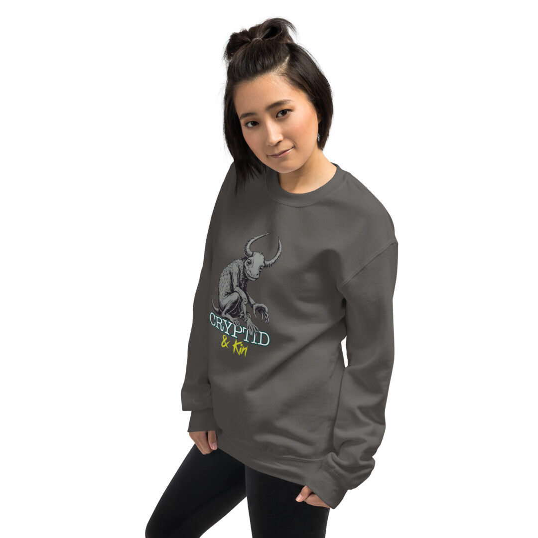 Baby Wendigo - Soft Stone Grey Crew Neck Sweater - Cryptid & Kin - neurodivergent apparel featuring mythical creatures - Side View