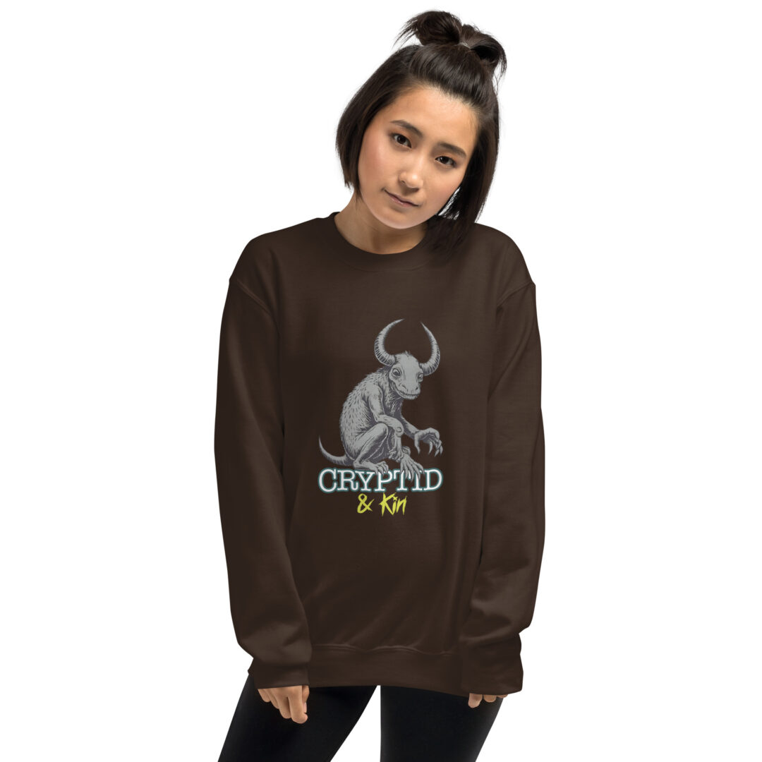 Baby Wendigo - Soft Chocolate Brown Crew Neck Sweater - Cryptid & Kin - neurodivergent apparel featuring mythical creatures