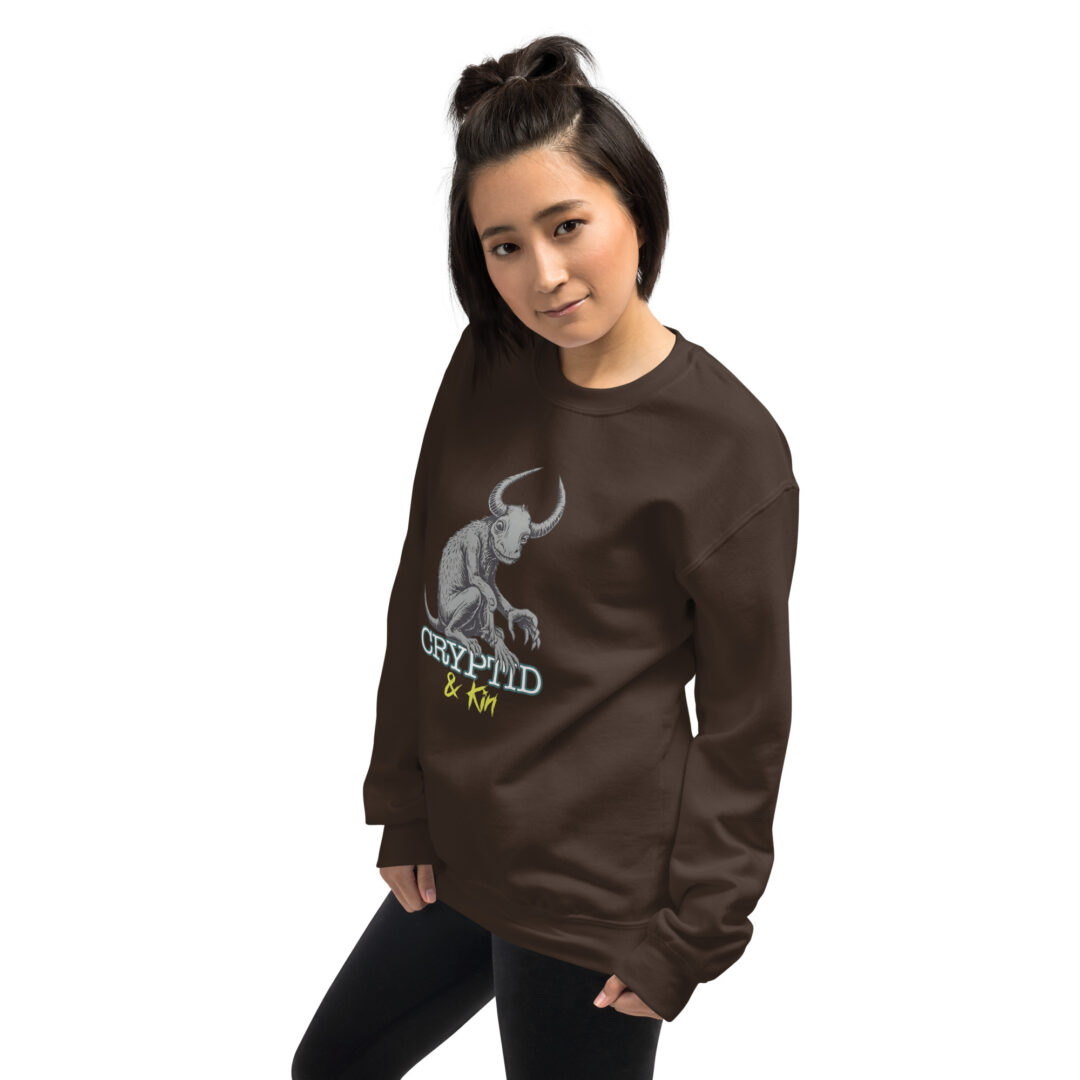 Baby Wendigo - Soft Brown Crew Neck Sweater - Cryptid & Kin - neurodivergent apparel featuring mythical creatures - Side View