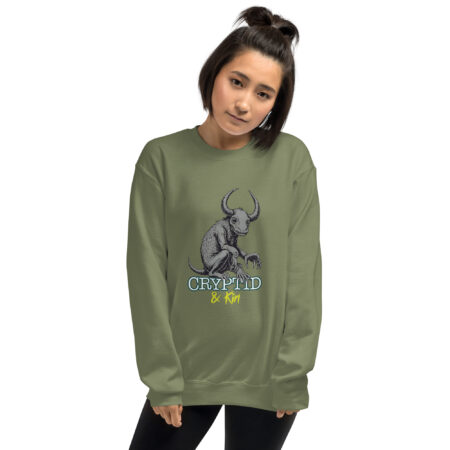 Baby Wendigo - Soft Military Green Crew Neck Sweater - Cryptid & Kin - neurodivergent apparel featuring mythical creatures