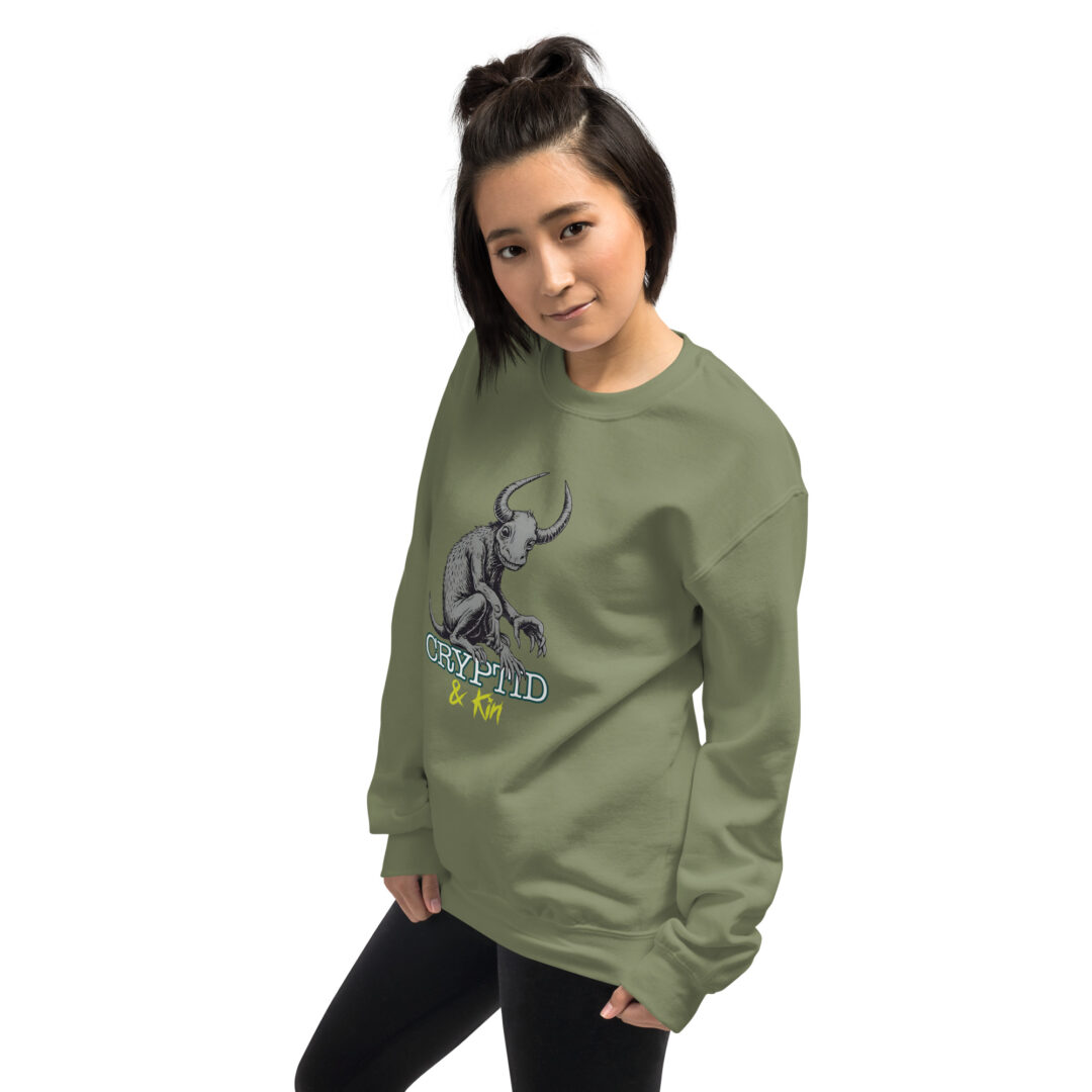 Baby Wendigo - Soft Military Green Crew Neck Sweater - Cryptid & Kin - neurodivergent apparel featuring mythical creatures - Side View