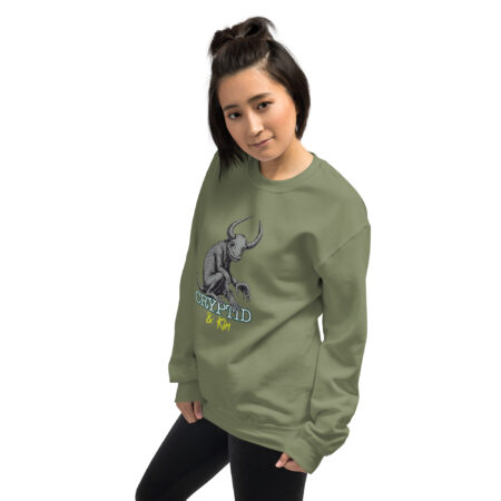 Baby Wendigo - Soft Military Green Crew Neck Sweater - Cryptid & Kin - neurodivergent apparel featuring mythical creatures - Side View