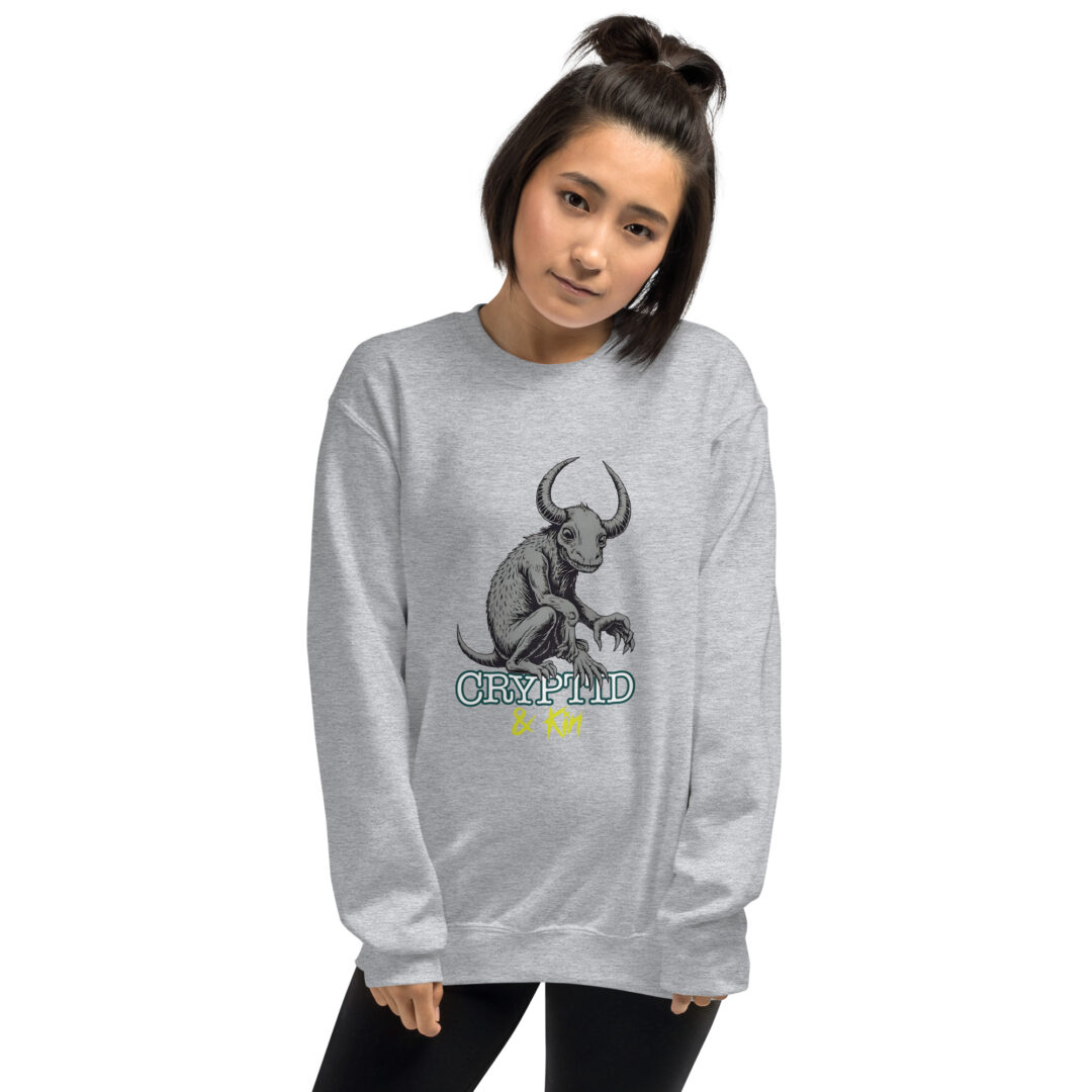 Baby Wendigo - Soft Light Grey Crew Neck Sweater - Cryptid & Kin - neurodivergent apparel featuring mythical creatures