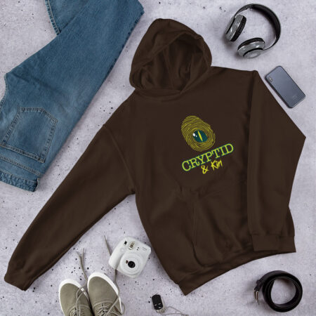 Brown - OG Cryptid & Kin Unisex Hoodie featuring official logo (finger print / alien eye) - celebrating neurodiversity