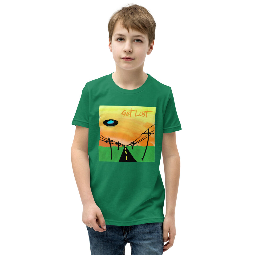 Get Lost - UFO in the Sunset - Kelly Green Youth T-Shirt - Cryptid & Kin