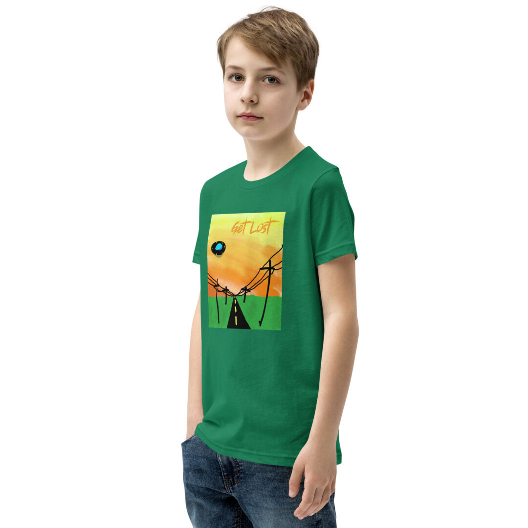 Get Lost - UFO in the Sunset - Kelly Green Youth T-Shirt - Cryptid & Kin - Side View