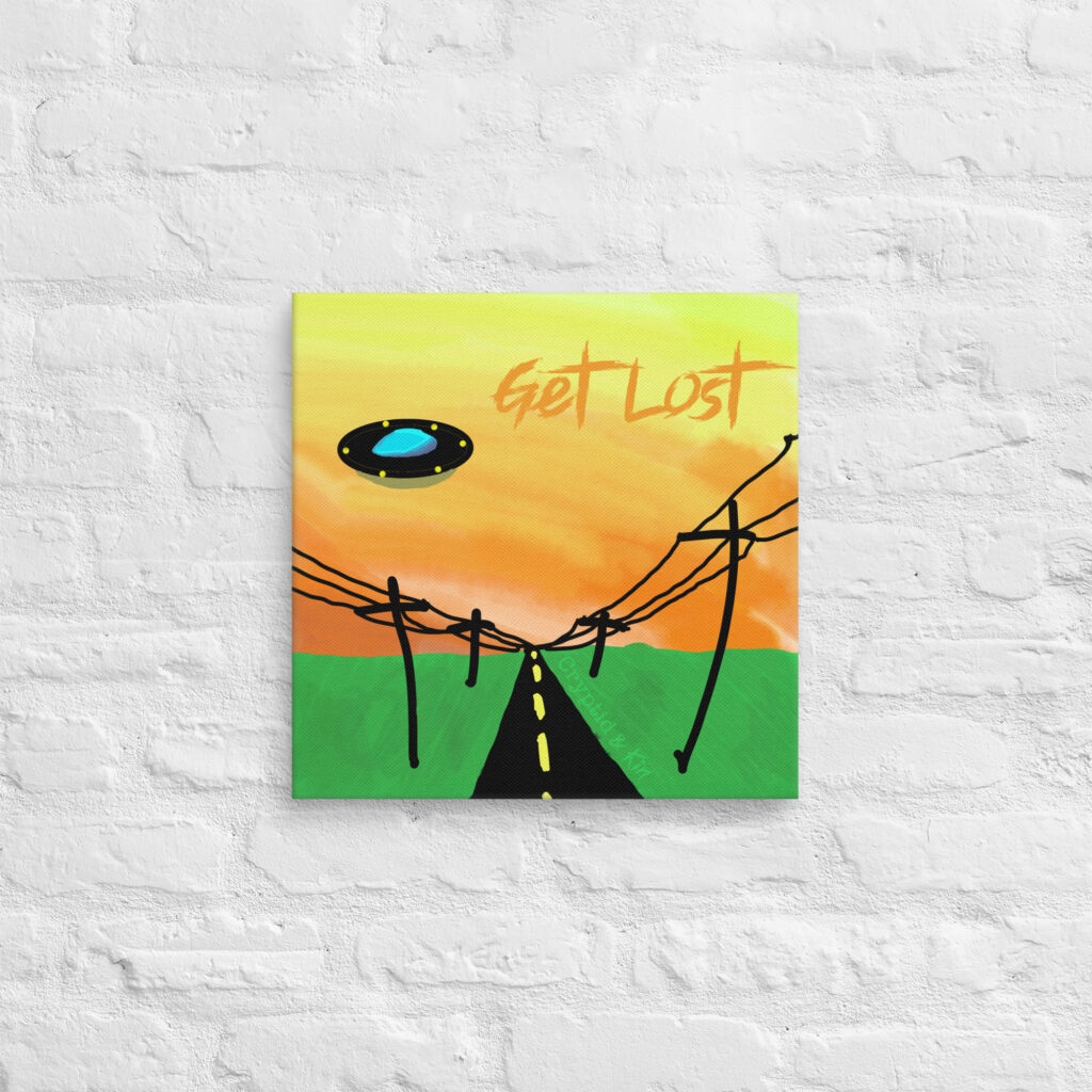 16" x 16" Get Lost - UFO in Sunset - Original Autistic Art on Canvas - Cryptid & Kin - Celebrating Neurodiversity