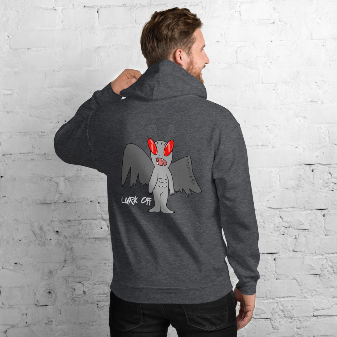 Moth Man Hoodie - Lurk Off - Cryptid & Kin - Neurodivergent Apparel - Back View - Dark Heather Gray Color