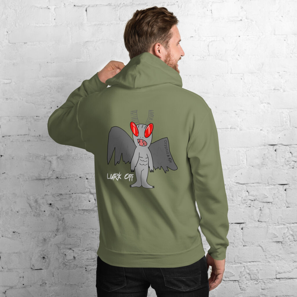 Moth Man Hoodie - Lurk Off - Cryptid & Kin - Neurodivergent Apparel - Back View - Military Green Color
