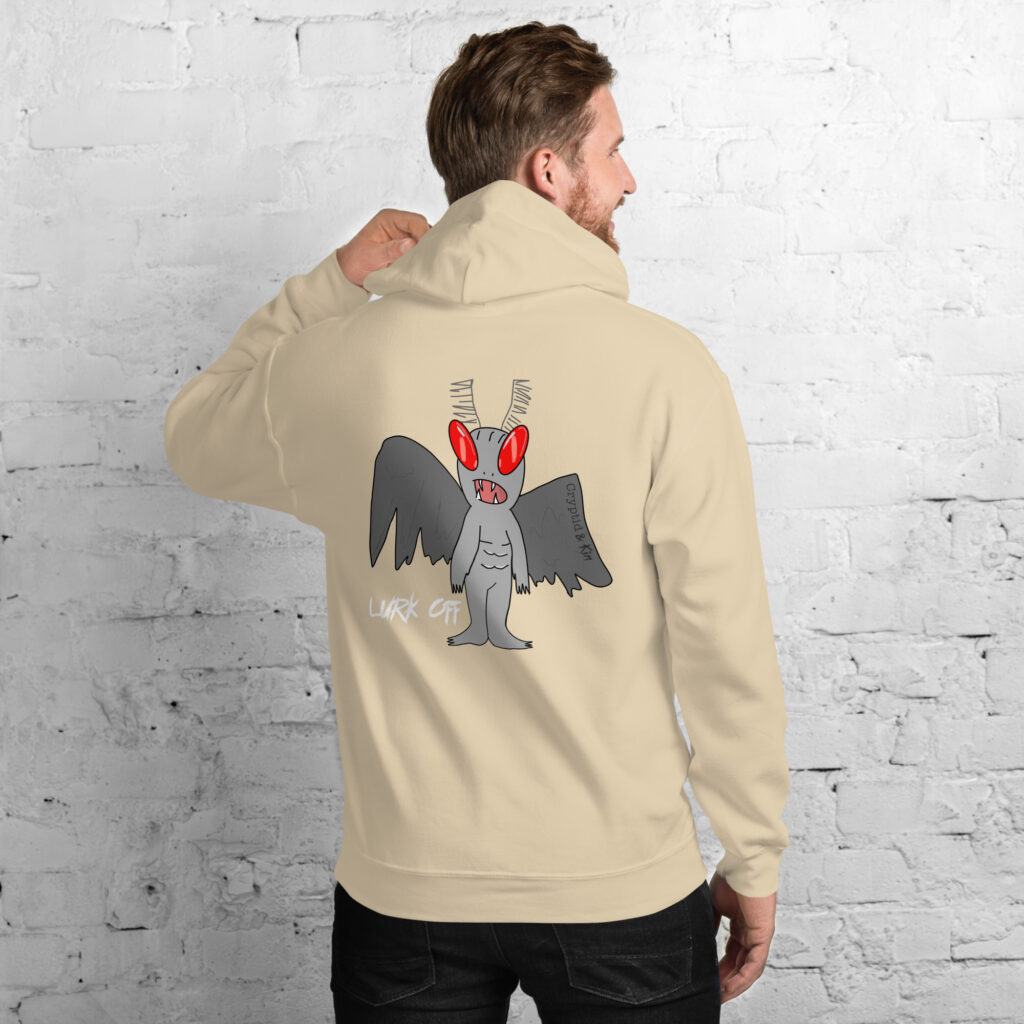 Moth Man Hoodie - Lurk Off - Cryptid & Kin - Neurodivergent Apparel - Back View - Military Green Color