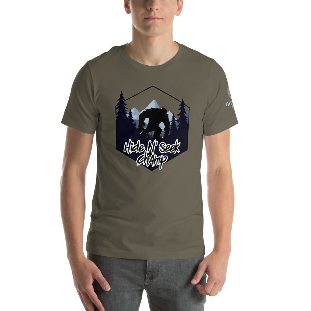 Hide N Seek Champ - Sasquatch / Bigfoot - Forest and Mountains Scene - Unisex Soft T-Shirt - Army Green - Cryptid & Kin
