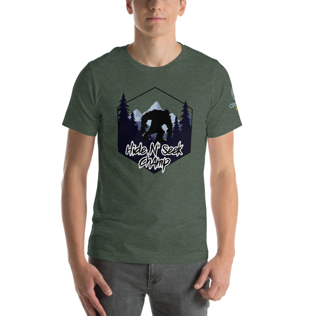 Hide N Seek Champ - Sasquatch / Bigfoot - Forest and Mountains Scene - Unisex Soft T-Shirt - Heather Forest Green - Cryptid & Kin