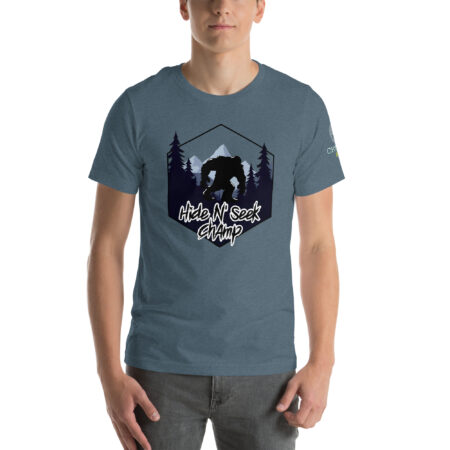 Hide N Seek Champ - Sasquatch / Bigfoot - Forest and Mountains Scene - Unisex Soft T-Shirt - Heather Slate - Cryptid & Kin