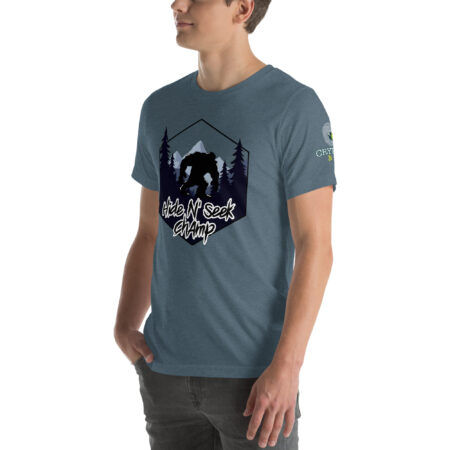 Hide N Seek Champ - Sasquatch / Bigfoot - Forest and Mountains Scene - Unisex Soft T-Shirt - Heather Slate - Cryptid & Kin - Side View