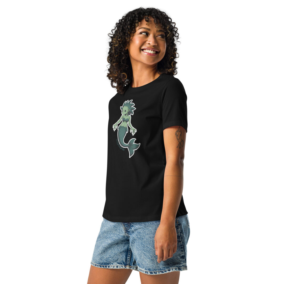 Mermaid / Siren Creature - Soft Balck Women's T-Shirt - Cryptid & Kin - Celebrating Neurodiversity - Side View