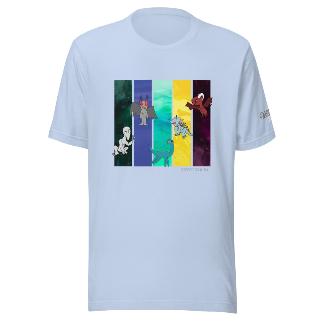 Cryptid Creatures T-Shirt - Dover Demon, Mothman, Champy, Chupacabra, & the Jersey Devil… all hand drawn by autistic artist - soft Baby Blue tee