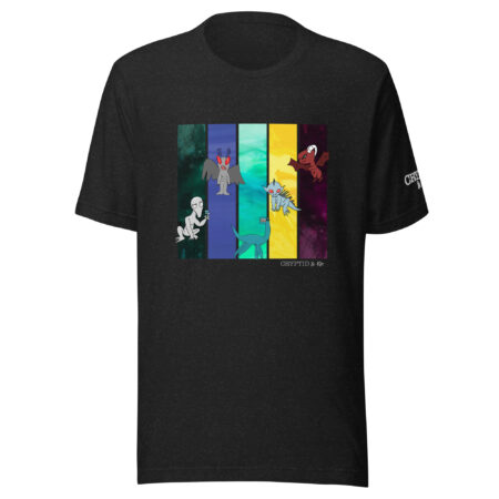 Cryptid Creatures T-Shirt - Dover Demon, Mothman, Champy, Chupacabra, & the Jersey Devil… all hand drawn by autistic artist - soft Black Heather tee