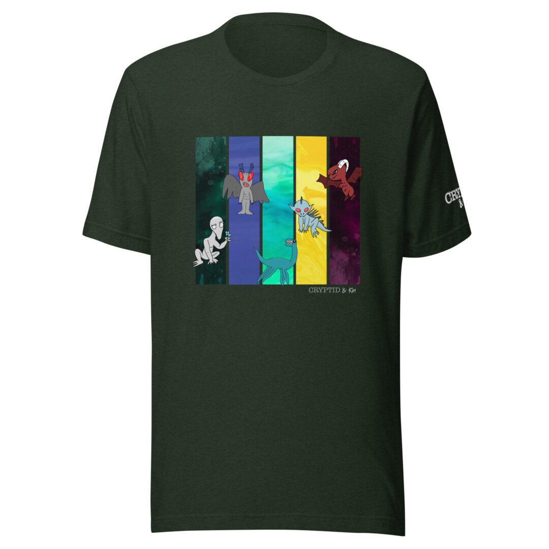 Cryptid Creatures T-Shirt - Dover Demon, Mothman, Champy, Chupacabra, & the Jersey Devil… all hand drawn by autistic artist - soft Heather Emerald tee