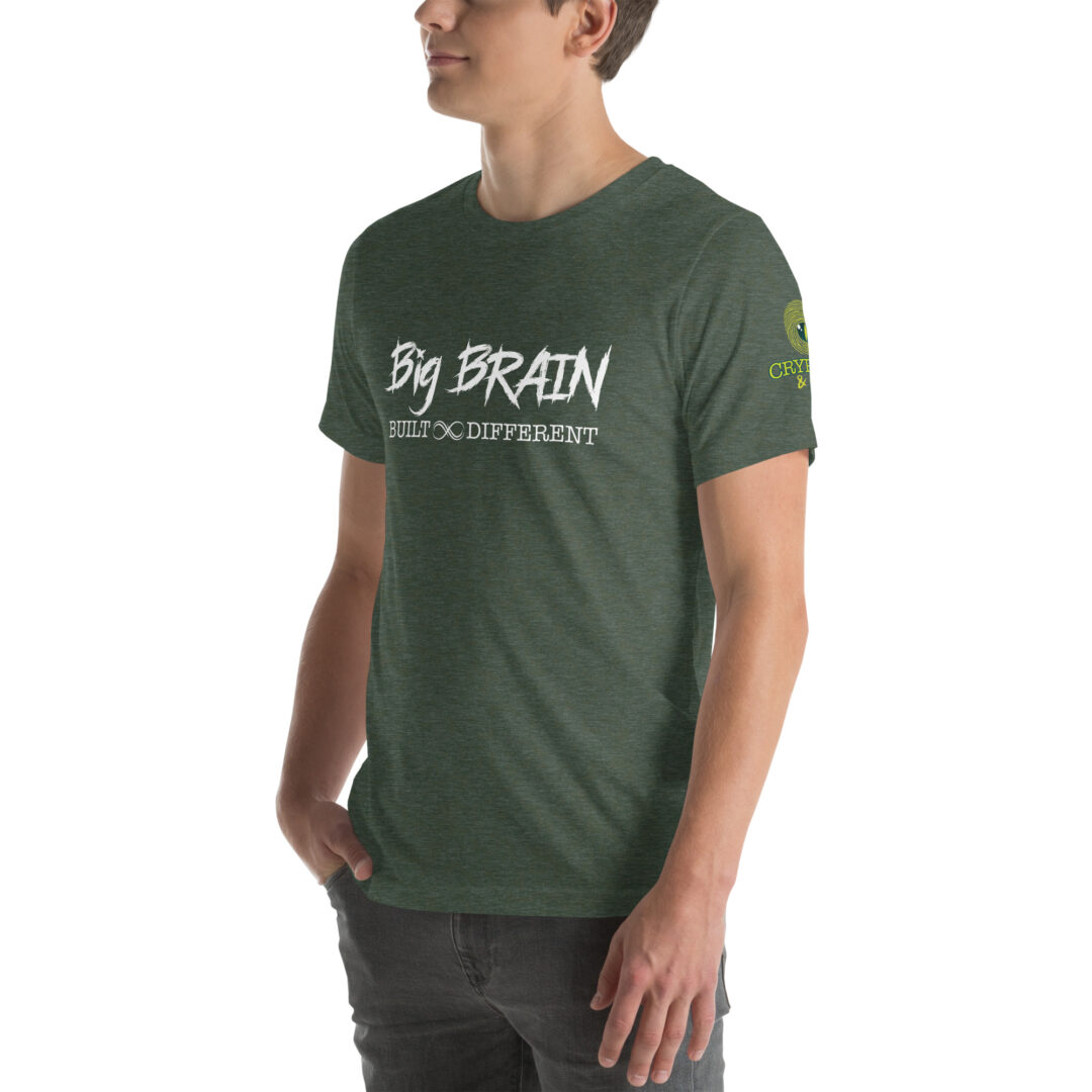 Big Brain. Built Different. - Soft T-shirt Supporting Autism Awareness - Heather Forest - Left Side View
