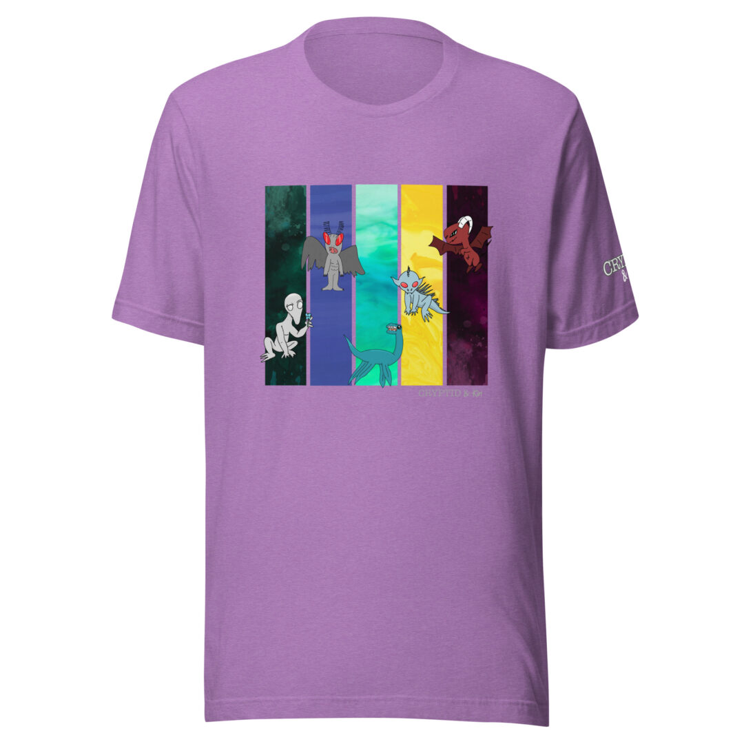 Cryptid Creatures T-Shirt - Dover Demon, Mothman, Champy, Chupacabra, & the Jersey Devil… all hand drawn by autistic artist - soft Heather Purple tee