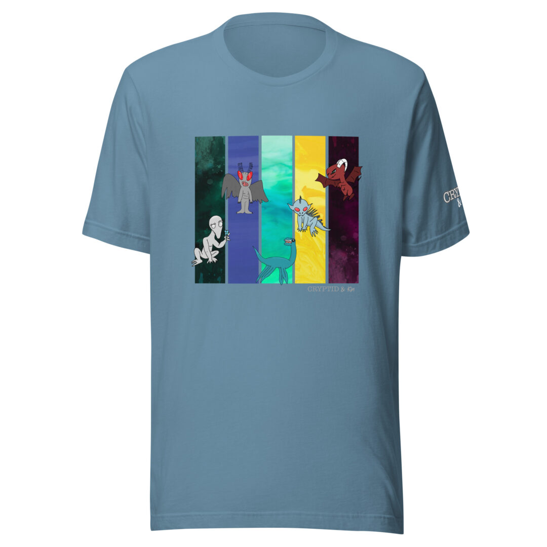 Cryptid Creatures T-Shirt - Dover Demon, Mothman, Champy, Chupacabra, & the Jersey Devil… all hand drawn by autistic artist - soft Steel Blue tee