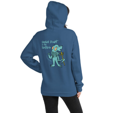 Cthulhu Hoodie - Smack Doubt in the Tentacle - Unisex Sweater - Indigo Blue - Back View