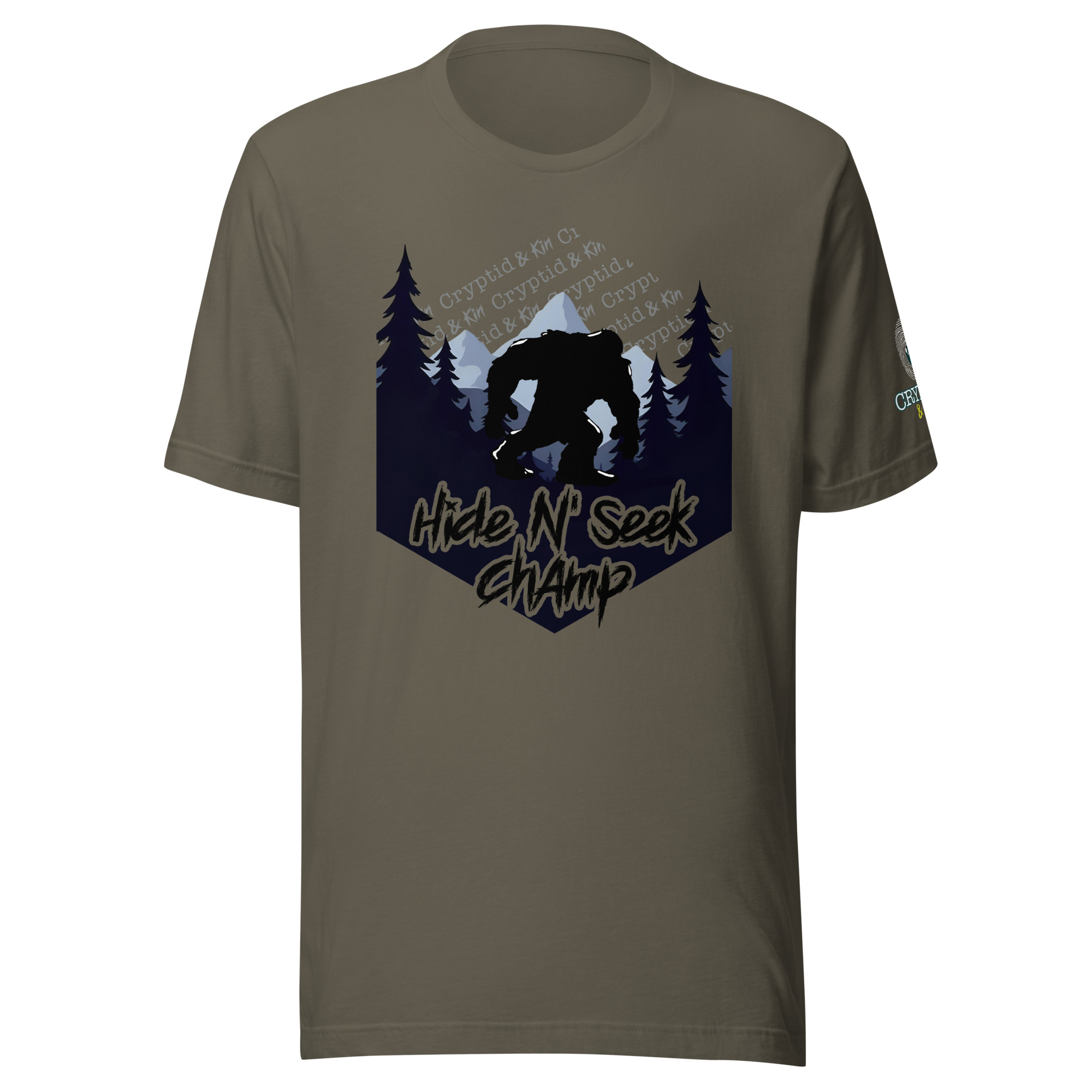 Hide N Seek Champ - Sasquatch / Bigfoot - Forest and Mountains Scene - Unisex Soft T-Shirt - Army Green Color - Cryptid & Kin