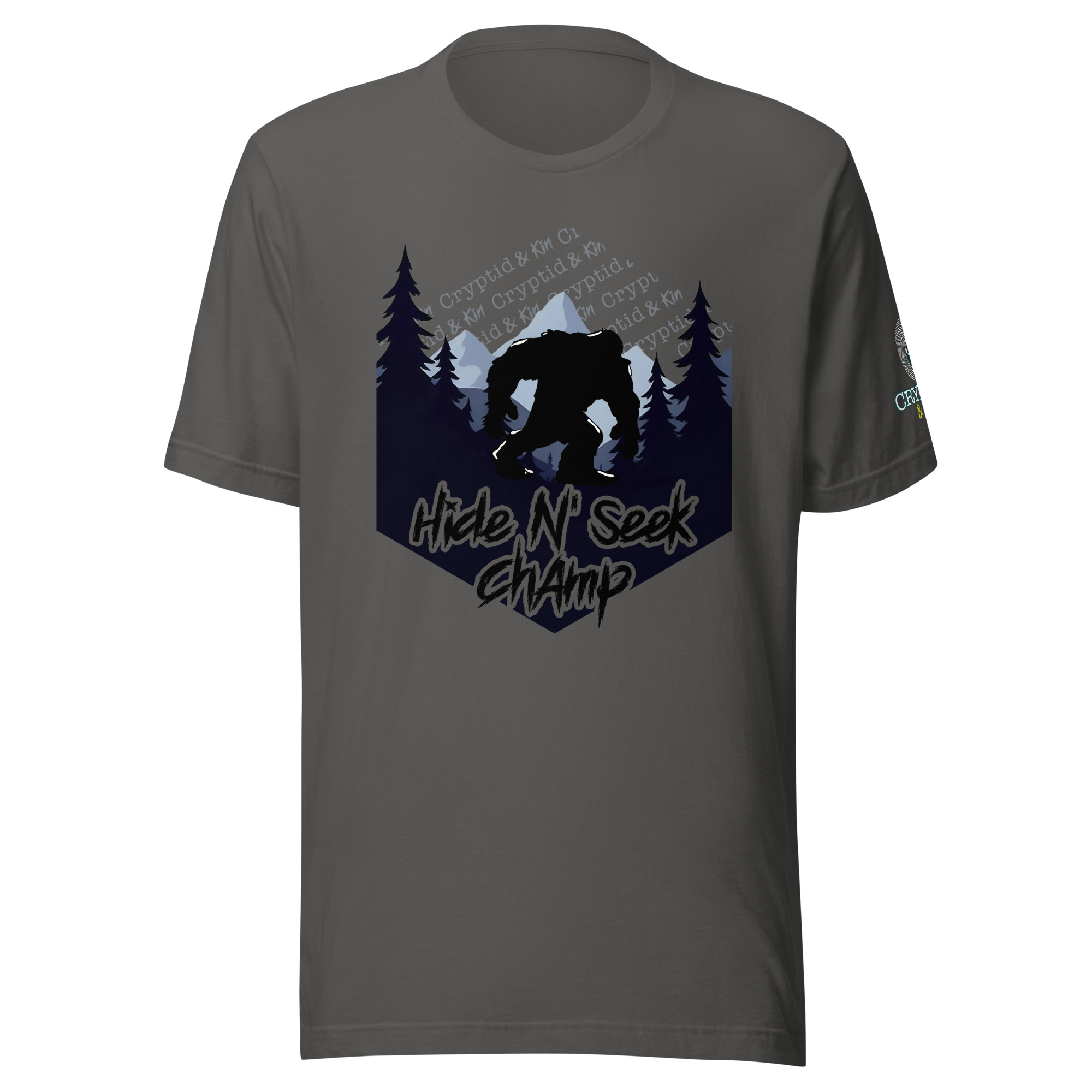 Hide N Seek Champ - Sasquatch / Bigfoot - Forest and Mountains Scene - Unisex Soft T-Shirt - Asphalt Gray Color - Cryptid & Kin