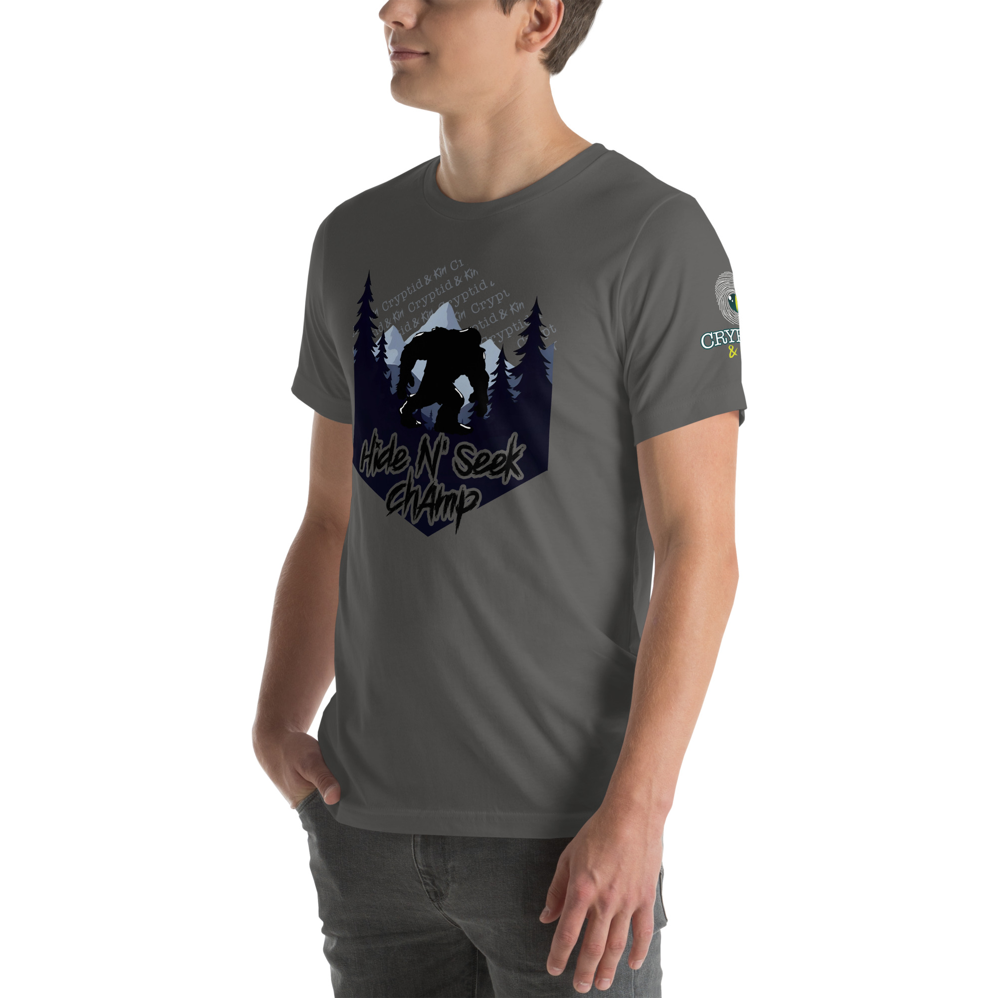 Hide N Seek Champ - Sasquatch / Bigfoot - Forest and Mountains Scene - Unisex Soft T-Shirt - Asphalt Gray Color - Cryptid & Kin - Side View