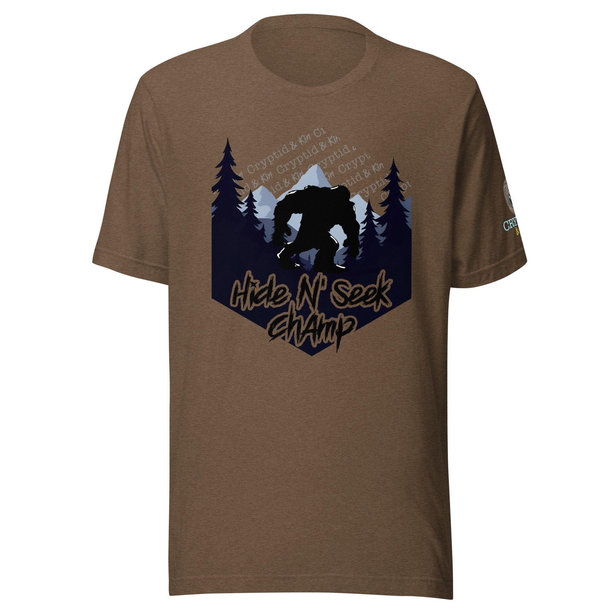 Hide N Seek Champ - Sasquatch / Bigfoot - Forest and Mountains Scene - Unisex Soft T-Shirt - Heather Brown Color - Cryptid & Kin