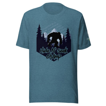 Hide N Seek Champ - Sasquatch / Bigfoot - Forest and Mountains Scene - Unisex Soft T-Shirt - Heather Deep Teal Color - Cryptid & Kin