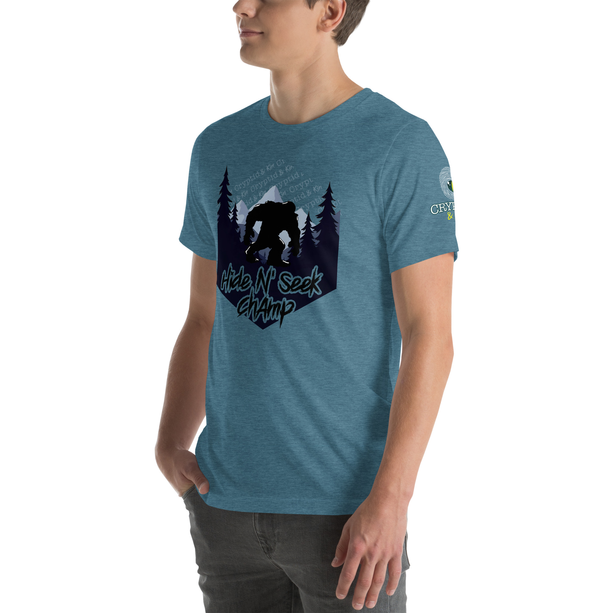 Hide N Seek Champ - Sasquatch / Bigfoot - Forest and Mountains Scene - Unisex Soft T-Shirt - Heather Deep Blue Color - Cryptid & Kin - Side View