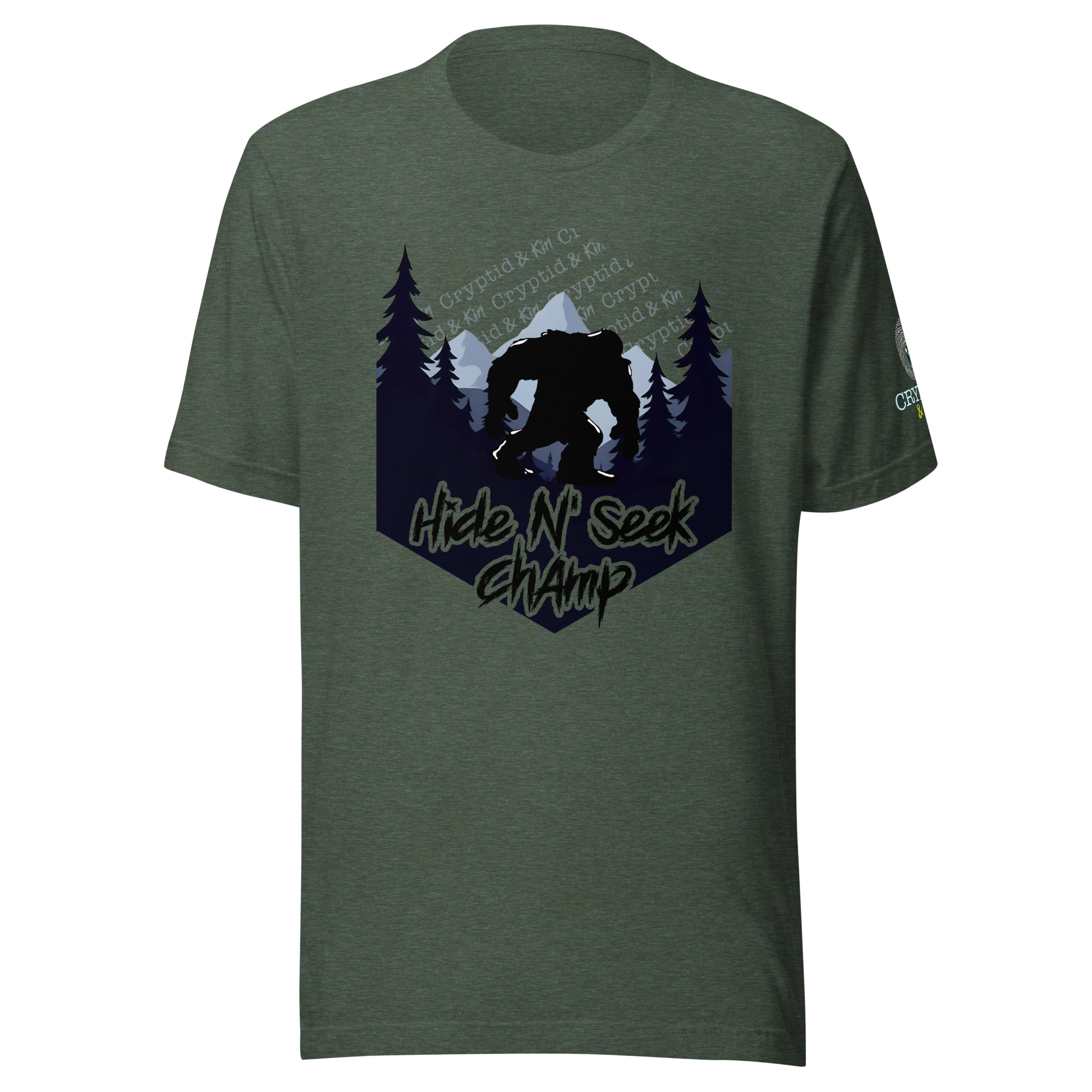 Hide N Seek Champ - Sasquatch / Bigfoot - Forest and Mountains Scene - Unisex Soft T-Shirt - Heather Forest Green Color - Cryptid & Kin