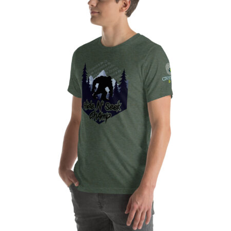 Hide N Seek Champ - Sasquatch / Bigfoot - Forest and Mountains Scene - Unisex Soft T-Shirt - Heather Forest Green - Cryptid & Kin - Side View