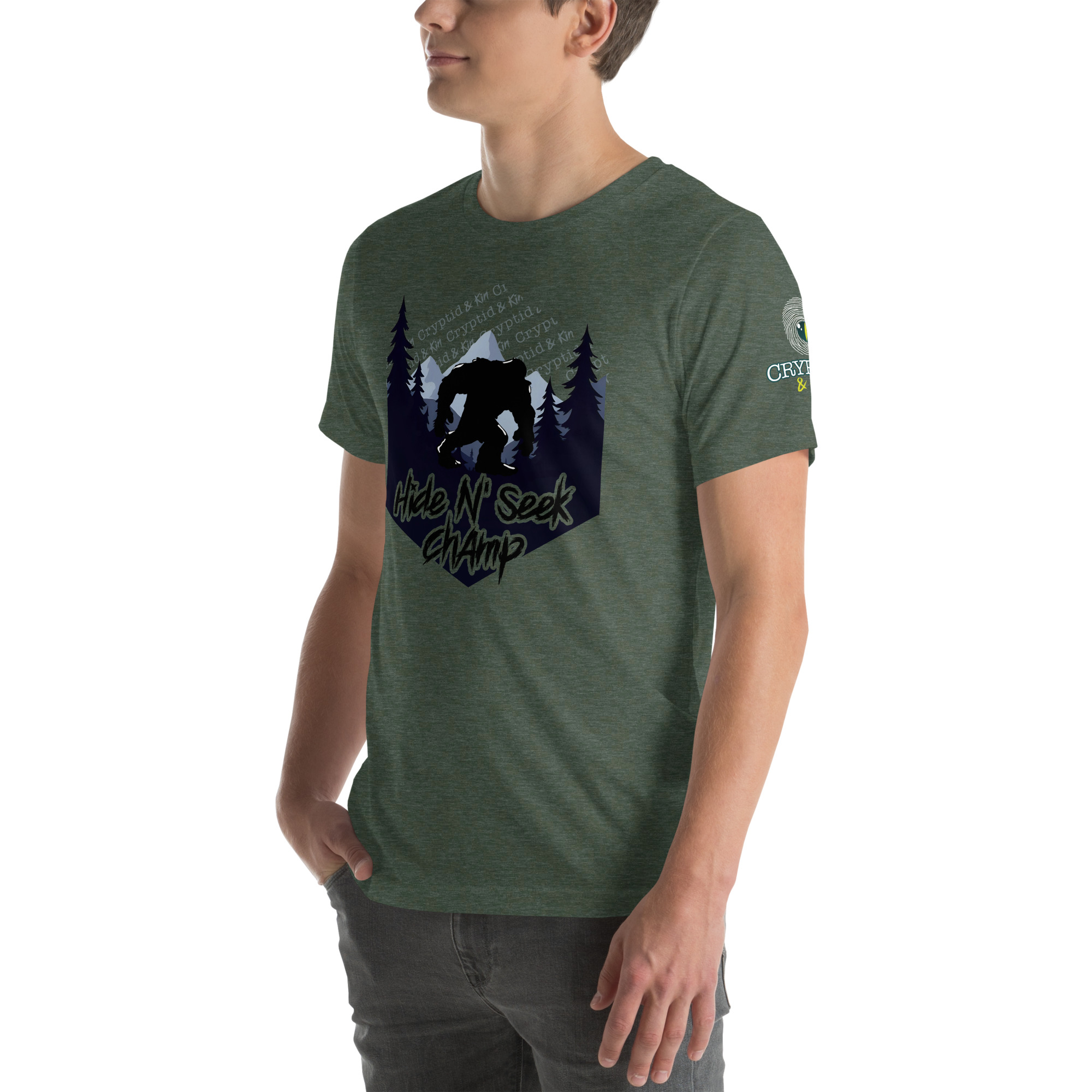 Hide N Seek Champ - Sasquatch / Bigfoot - Forest and Mountains Scene - Unisex Soft T-Shirt - Heather Forest Green - Cryptid & Kin - Side View