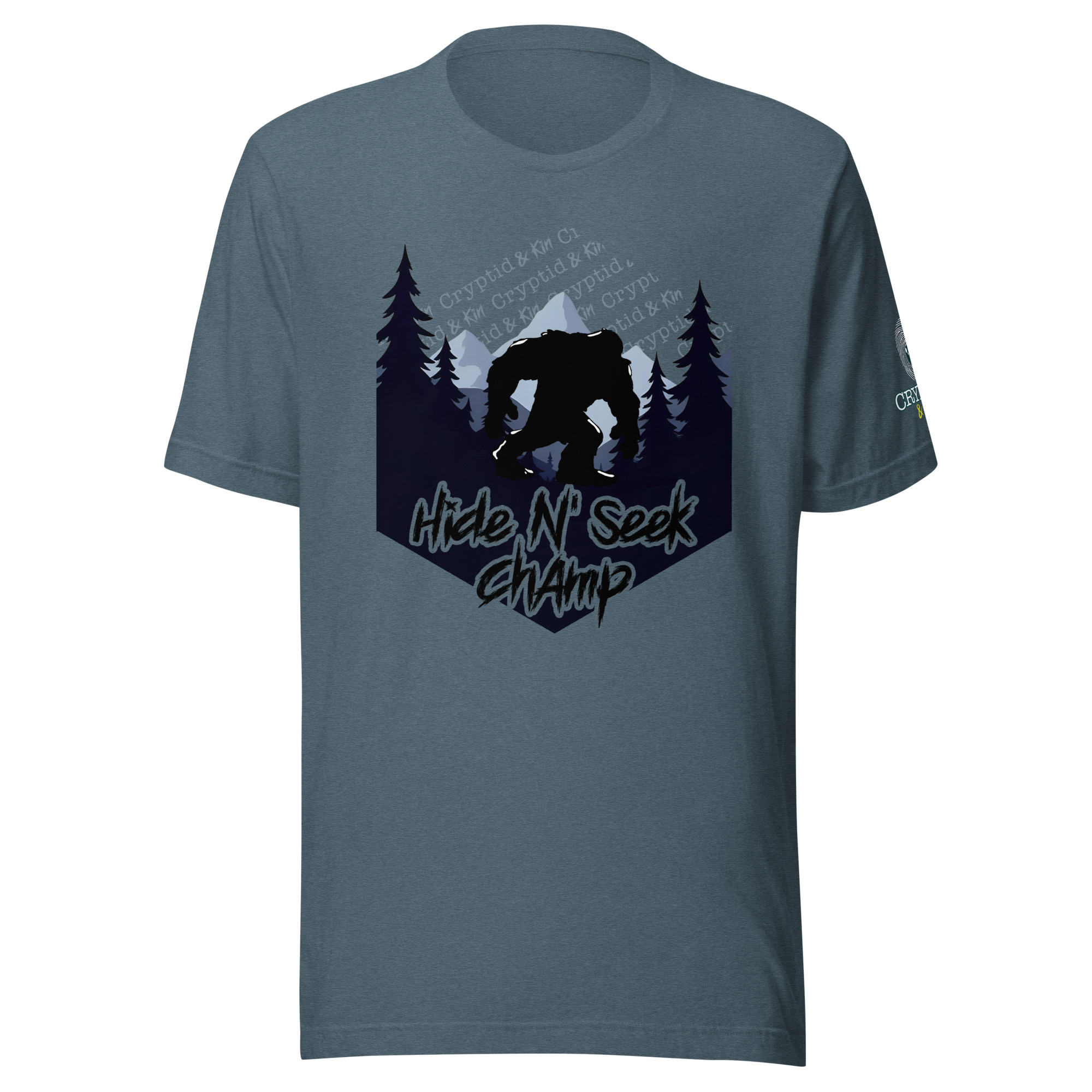 Hide N Seek Champ - Sasquatch / Bigfoot - Forest and Mountains Scene - Unisex Soft T-Shirt - Heather Slate Blue Color - Cryptid & Kin