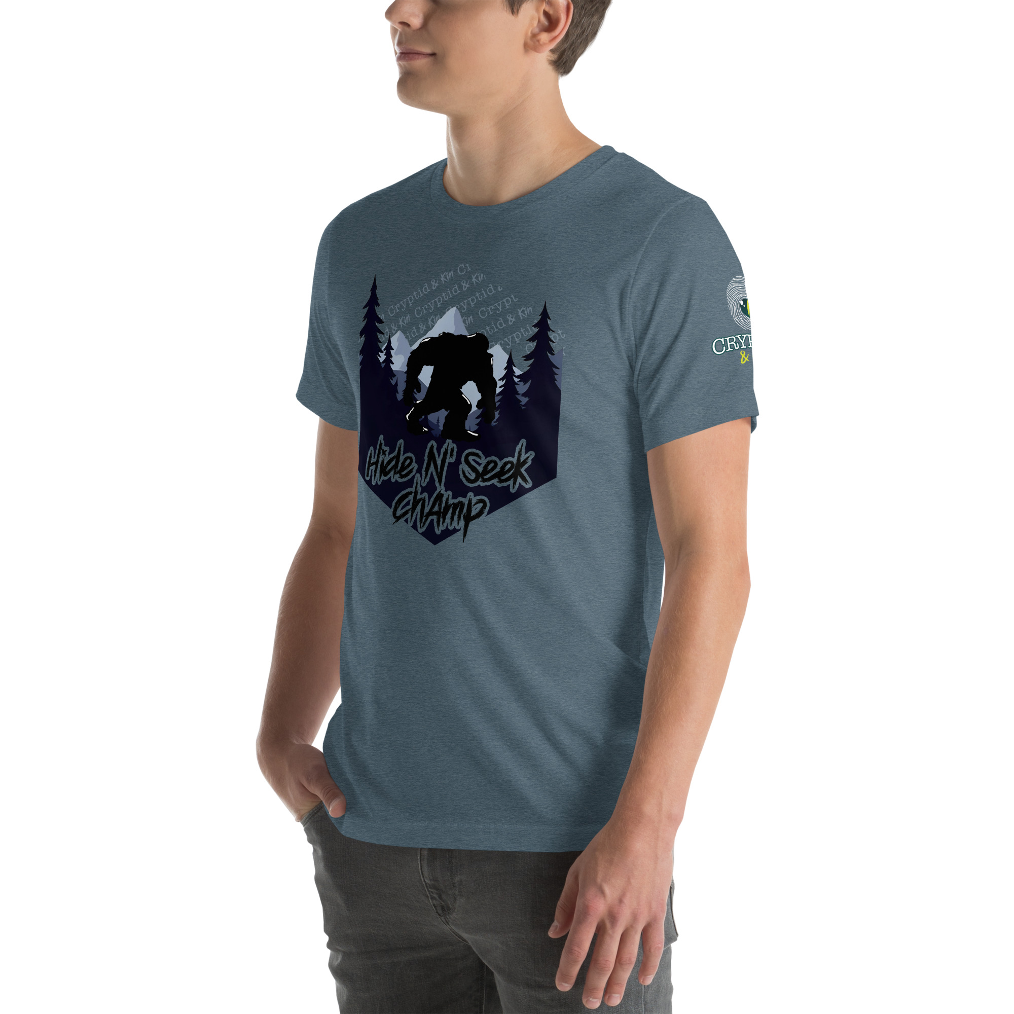 Hide N Seek Champ - Sasquatch / Bigfoot - Forest and Mountains Scene - Unisex Soft T-Shirt - Heather Slate - Cryptid & Kin - Side View