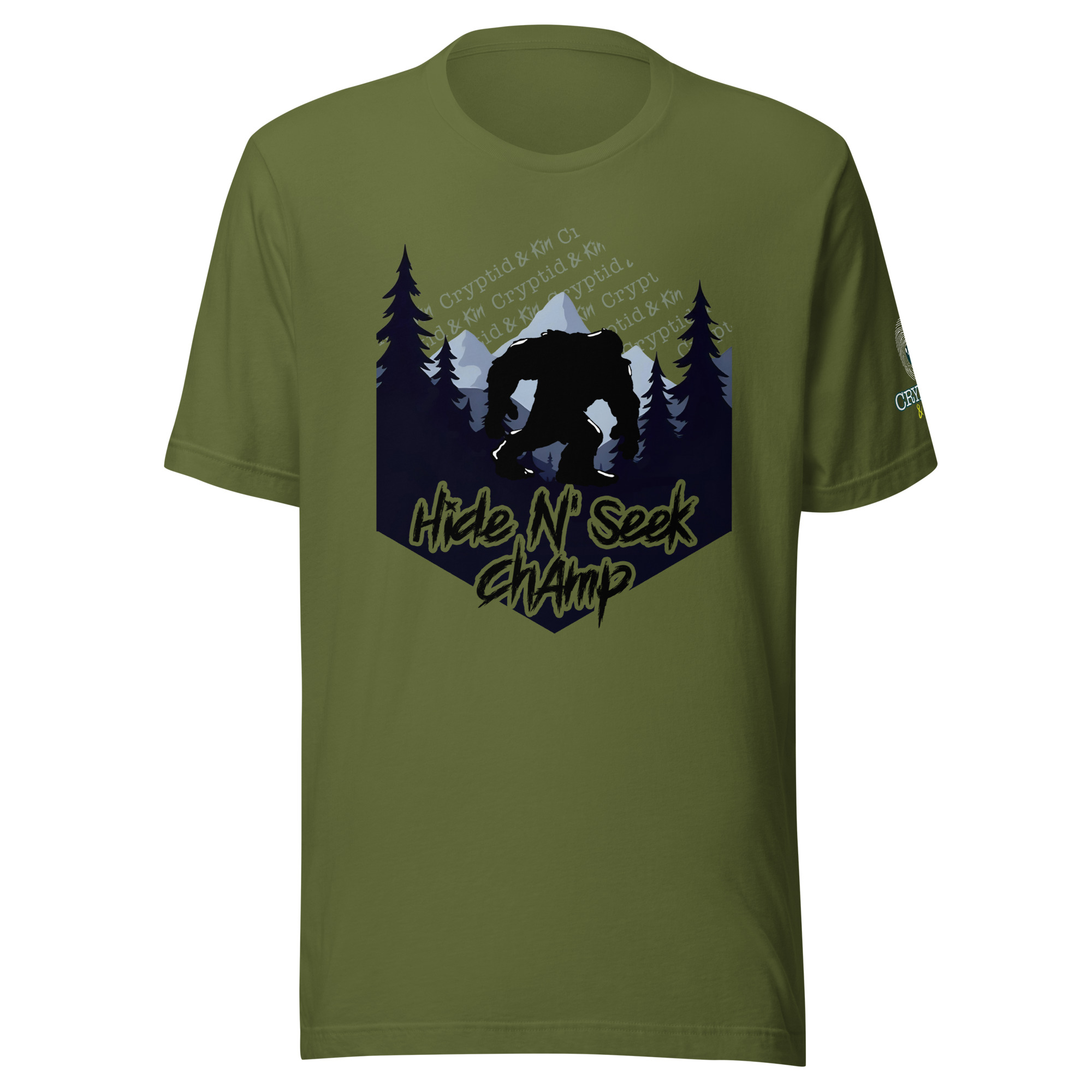 Hide N Seek Champ - Sasquatch / Bigfoot - Forest and Mountains Scene - Unisex Soft T-Shirt - Olive Green Color - Cryptid & Kin