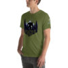 Hide N Seek Champ - Sasquatch / Bigfoot - Forest and Mountains Scene - Unisex Soft T-Shirt - Olive Green Color - Cryptid & Kin - Side View