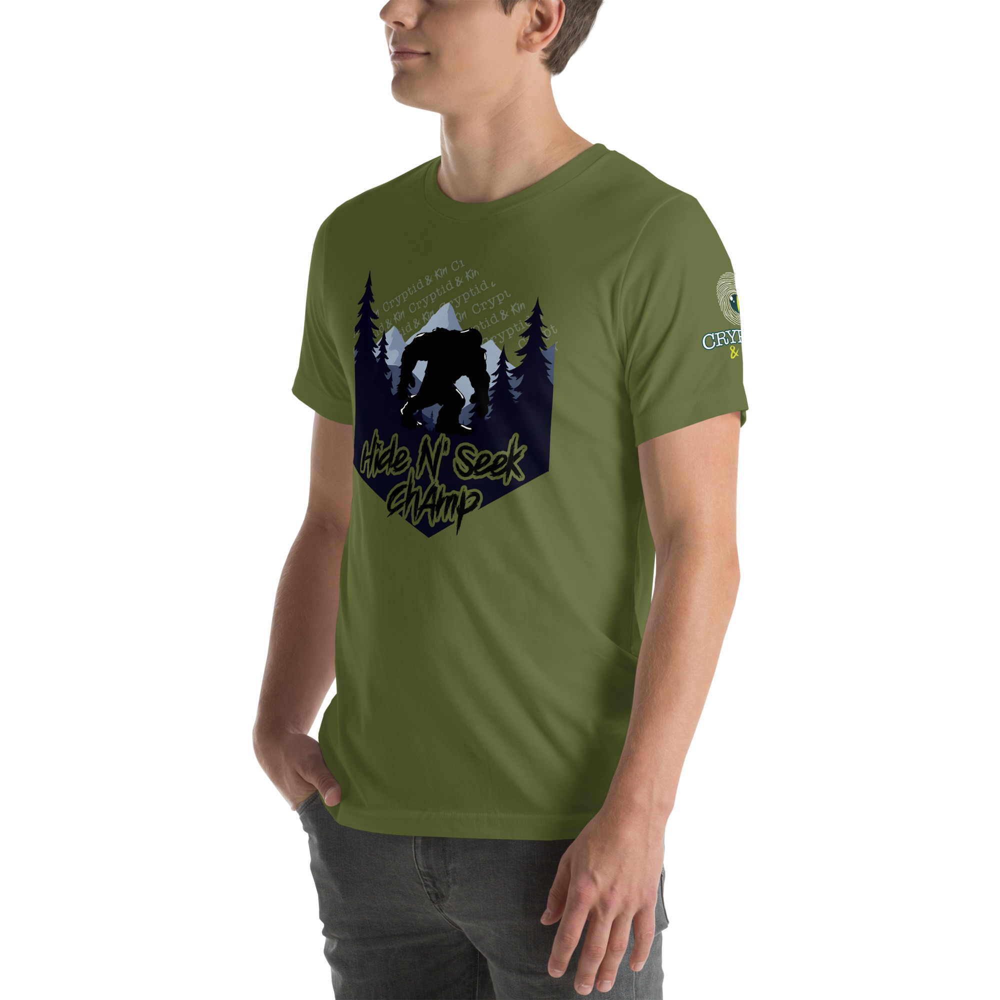 Hide N Seek Champ - Sasquatch / Bigfoot - Forest and Mountains Scene - Unisex Soft T-Shirt - Olive Green Color - Cryptid & Kin - Side View